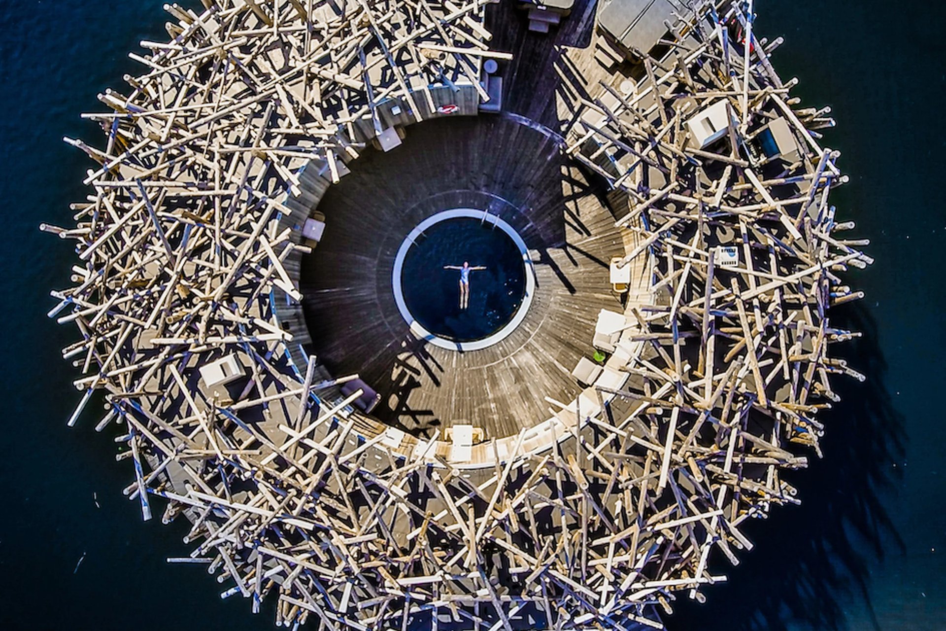 Arctic Bath from above: the cold-water pool at the heart of the floating spa