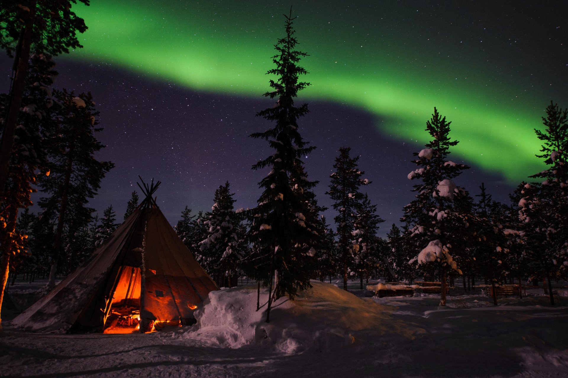 A lavvu lit by a fire beneath the northern lights at Nutti Sámi Siida