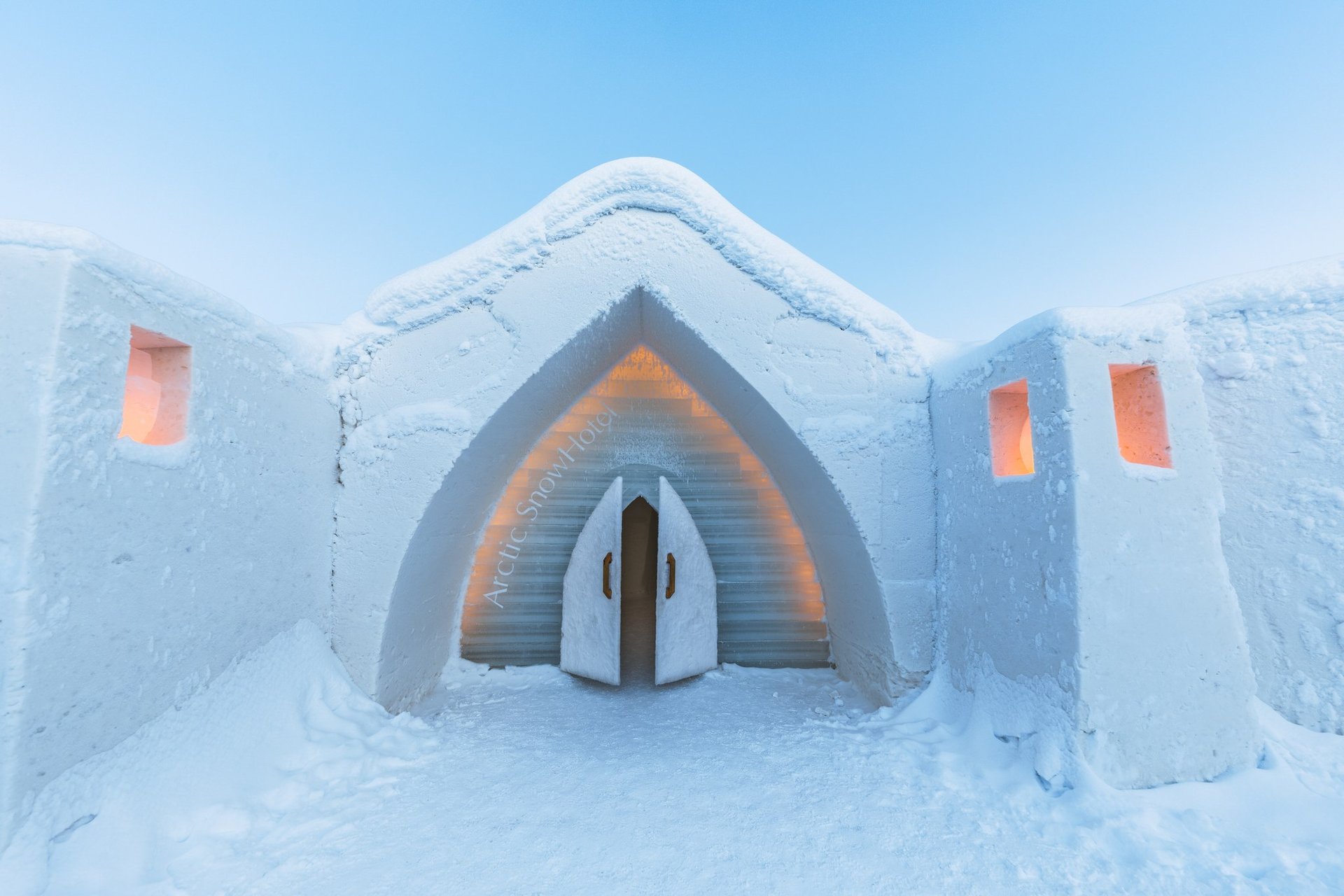 The carved snow entrance of the Arctic SnowHotel