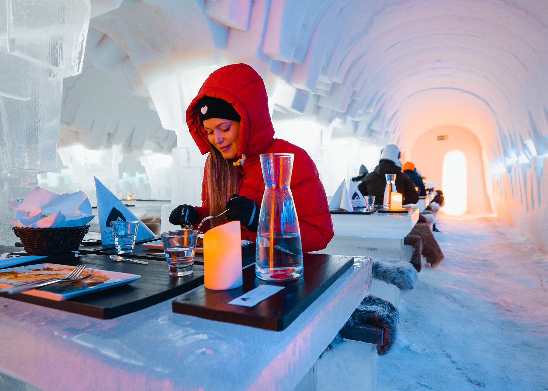 Dinner by candlelight in the Arctic SnowHotel’s ice restaurant