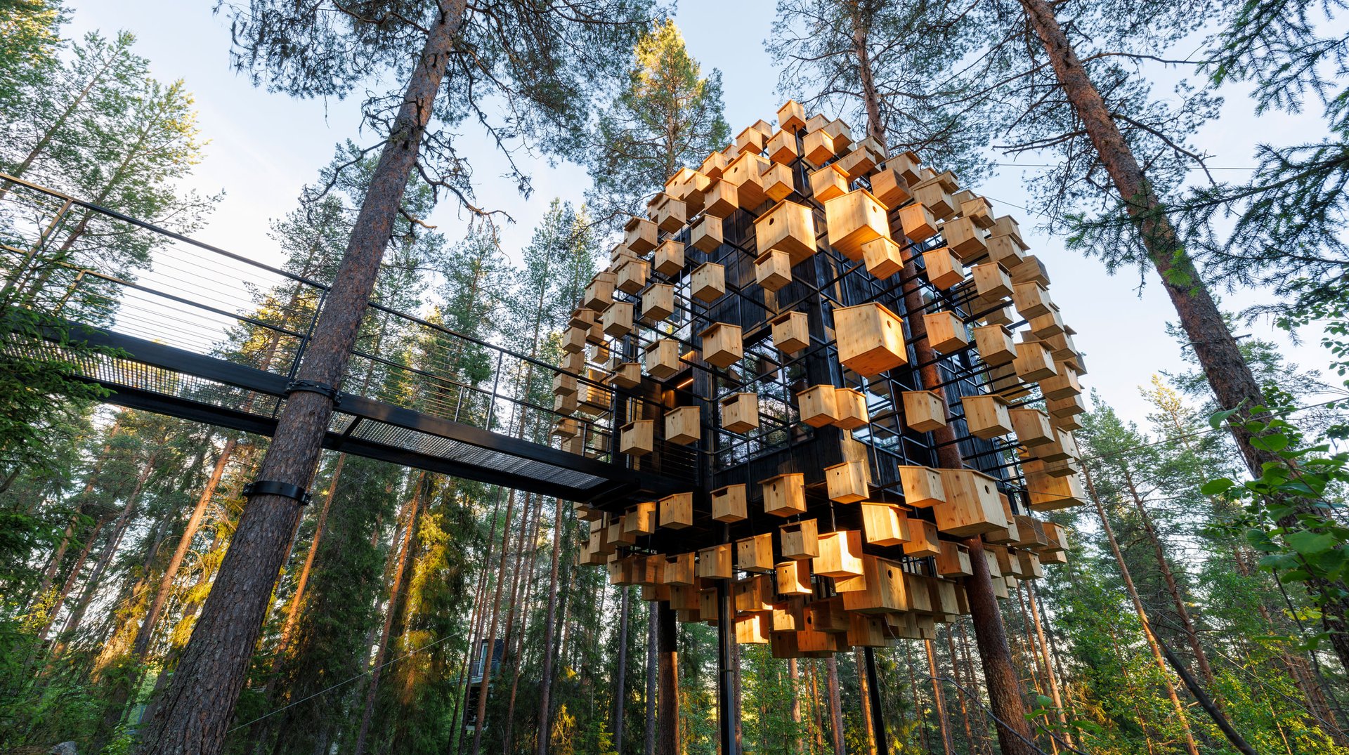 The Biosphere room at Treehotel, wrapped in birdhouses