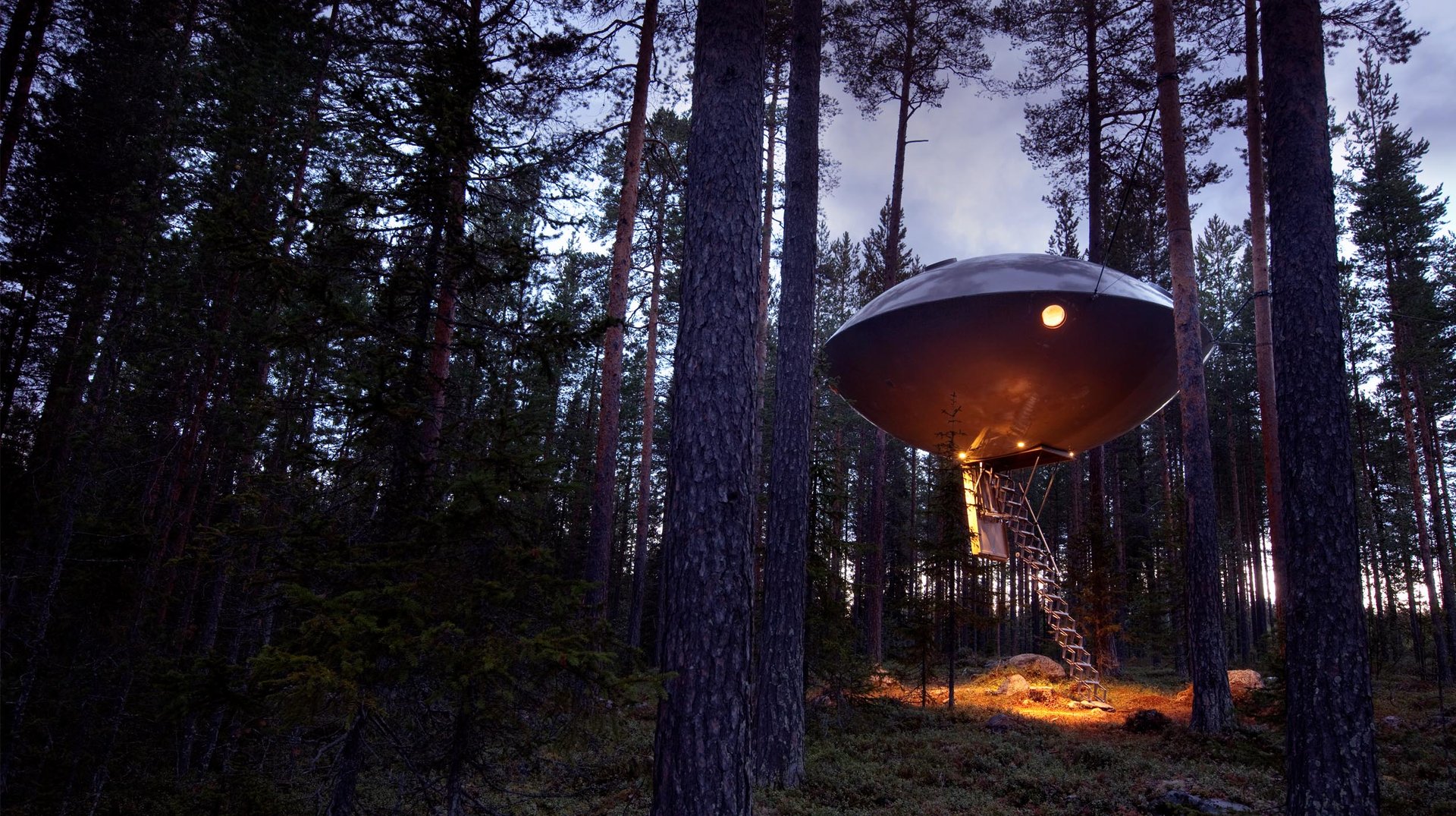 The UFO room at Treehotel, lit up among tall pines